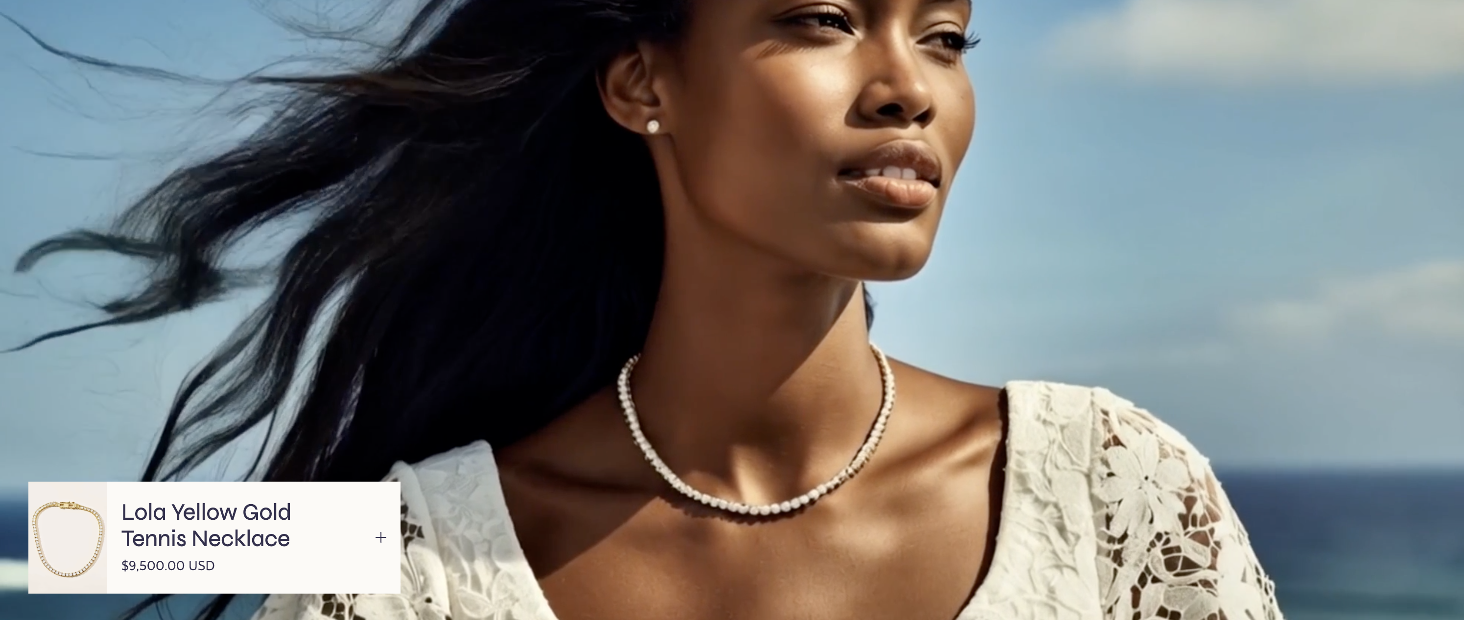 Shoppable banner on Primavera Precision demo store shows a model wearing a product and a mini product card with quick add