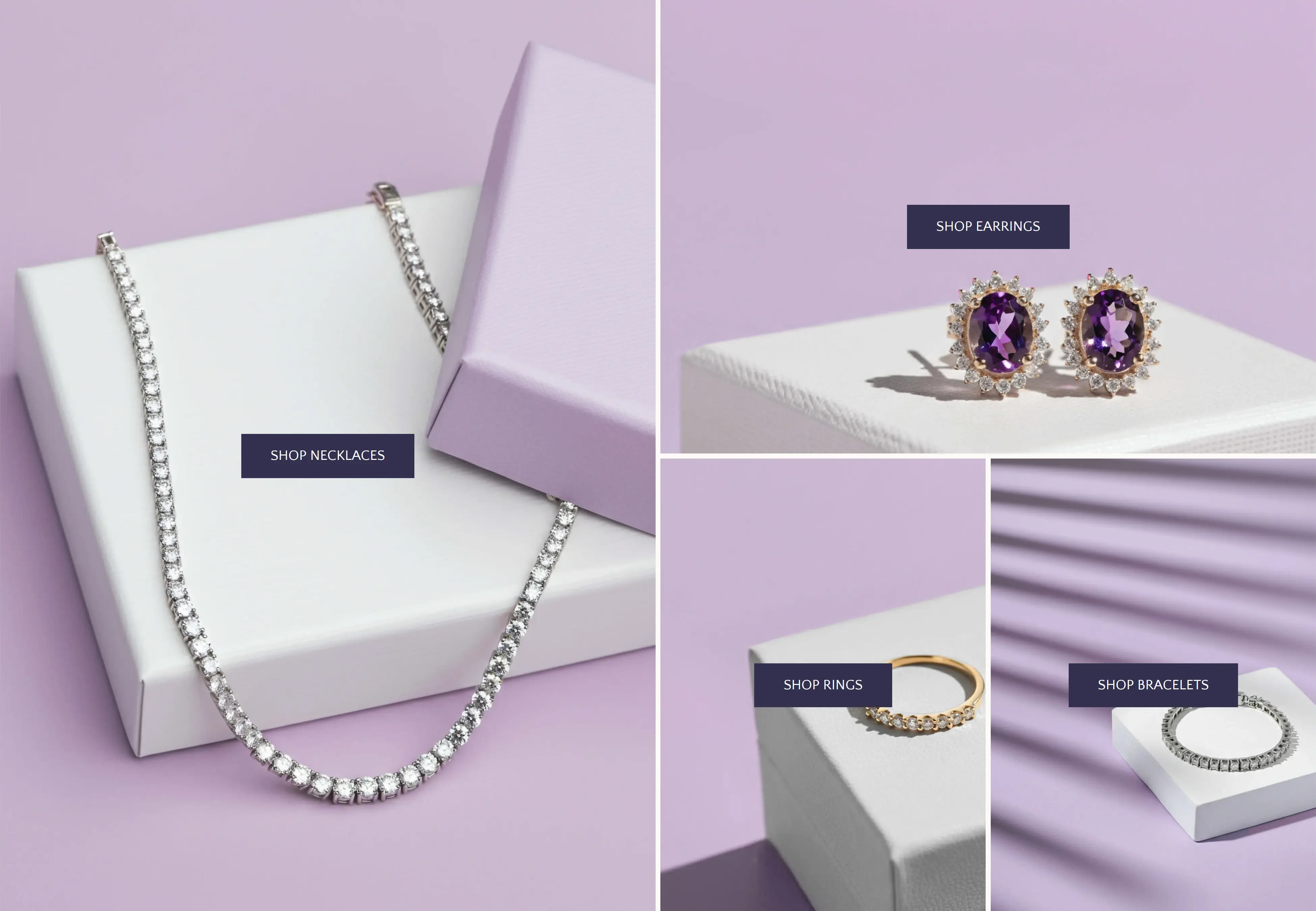 A banner grid with thin margins with luxury jewelry on white jewelry boxes against a purple background.