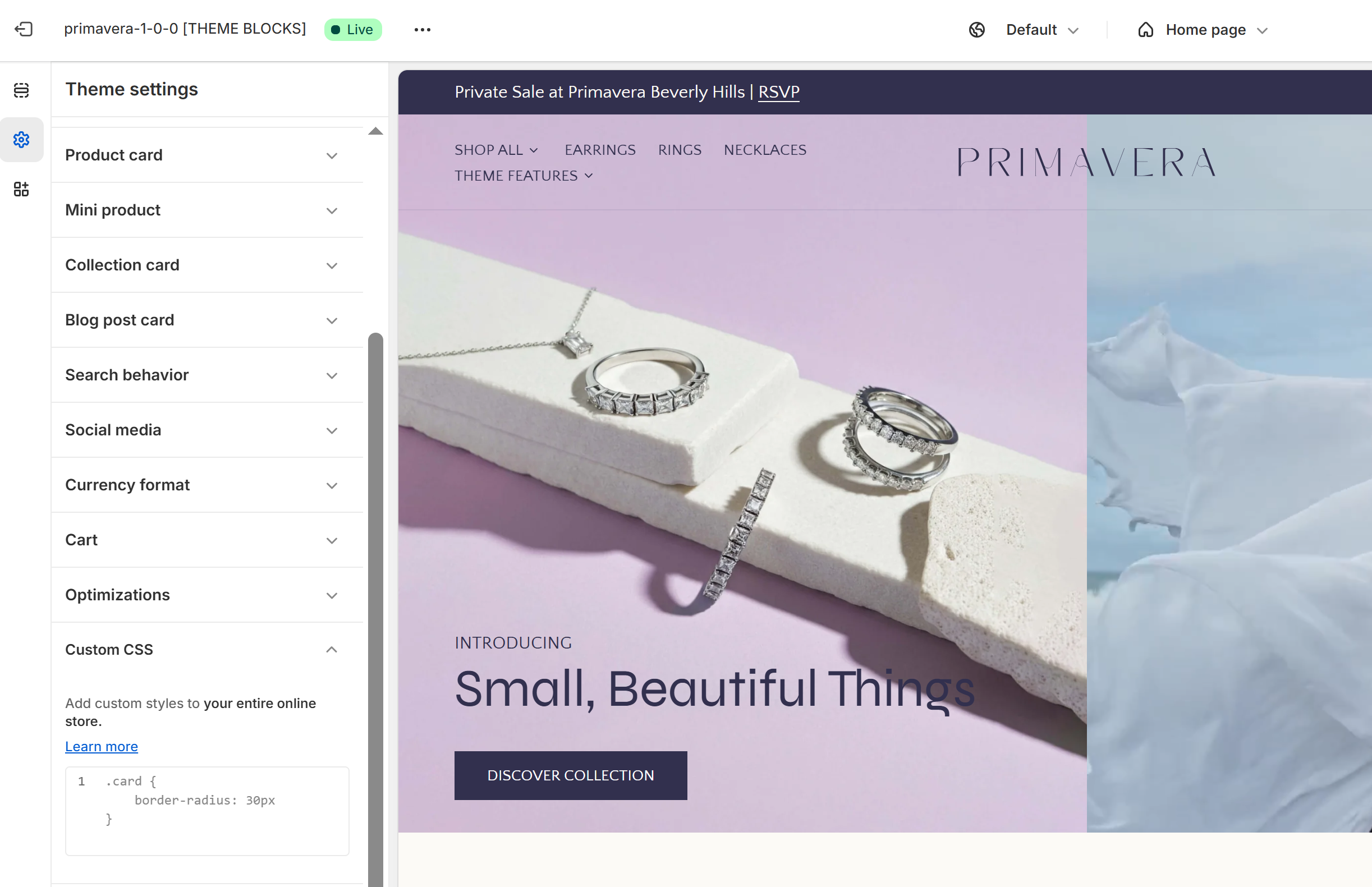 Shopify theme customizer UI with the Custom CSS field expanded.